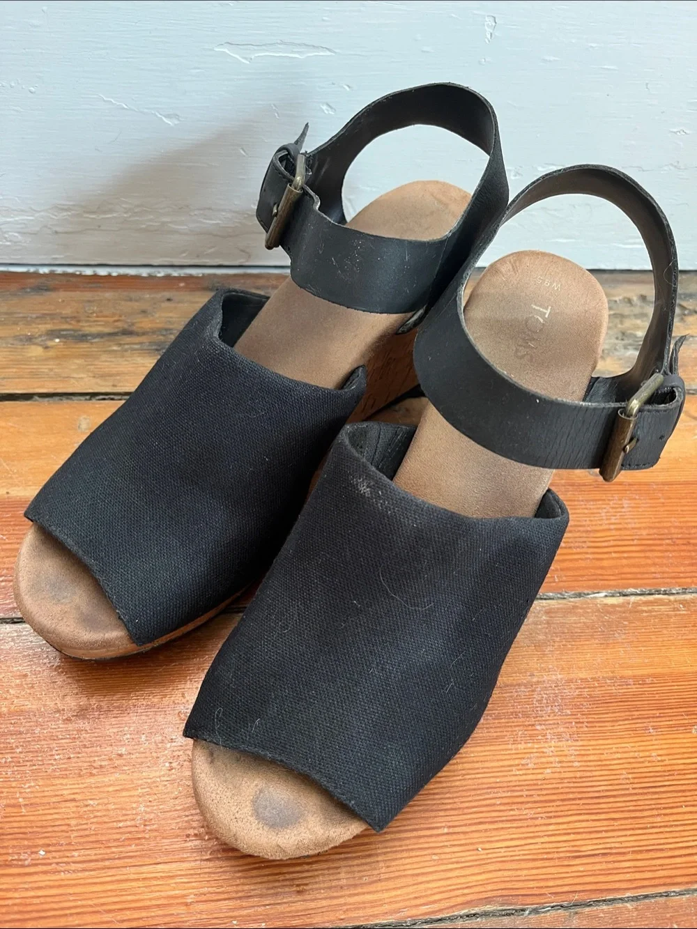 Toms Black Canvas Open-Toe Wedge Sandals with Ankle Buckle